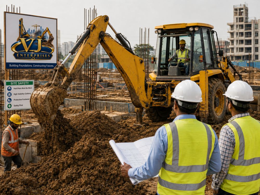 VJ Enterprises site engineer reviewing site-safety signage on an active Mumbai construction site