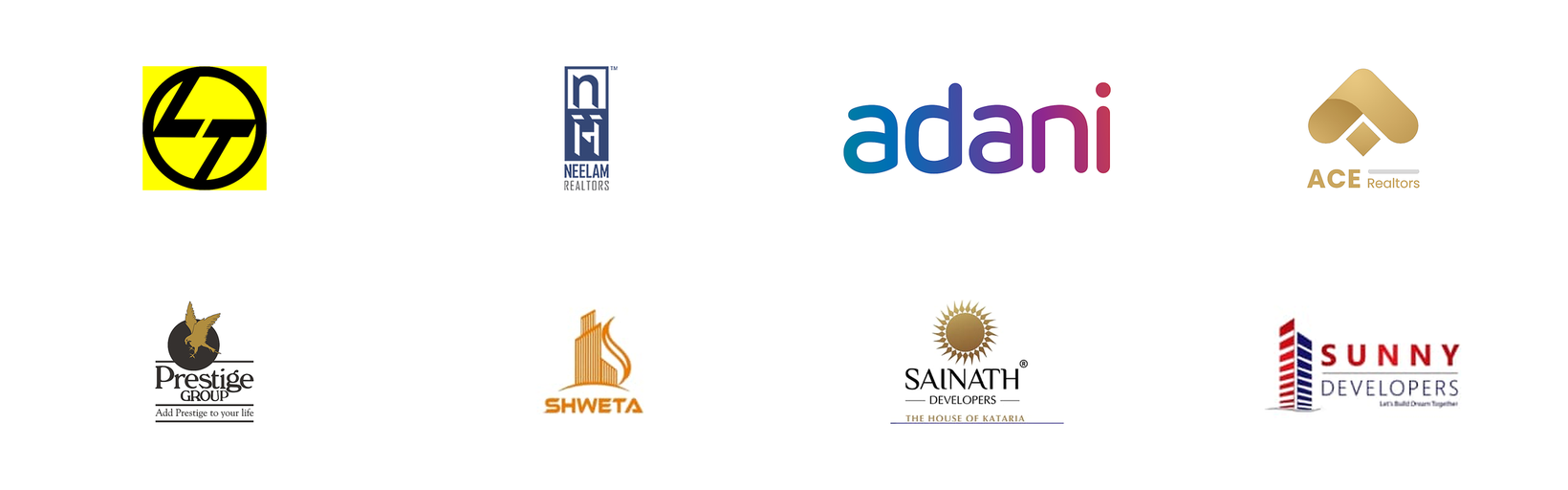 Client logos: L&T, Neelam Realtors, Adani Group, ACE Realtors, Prestige Group, Shweta Construction, Sainath Developers, Sunny Developers