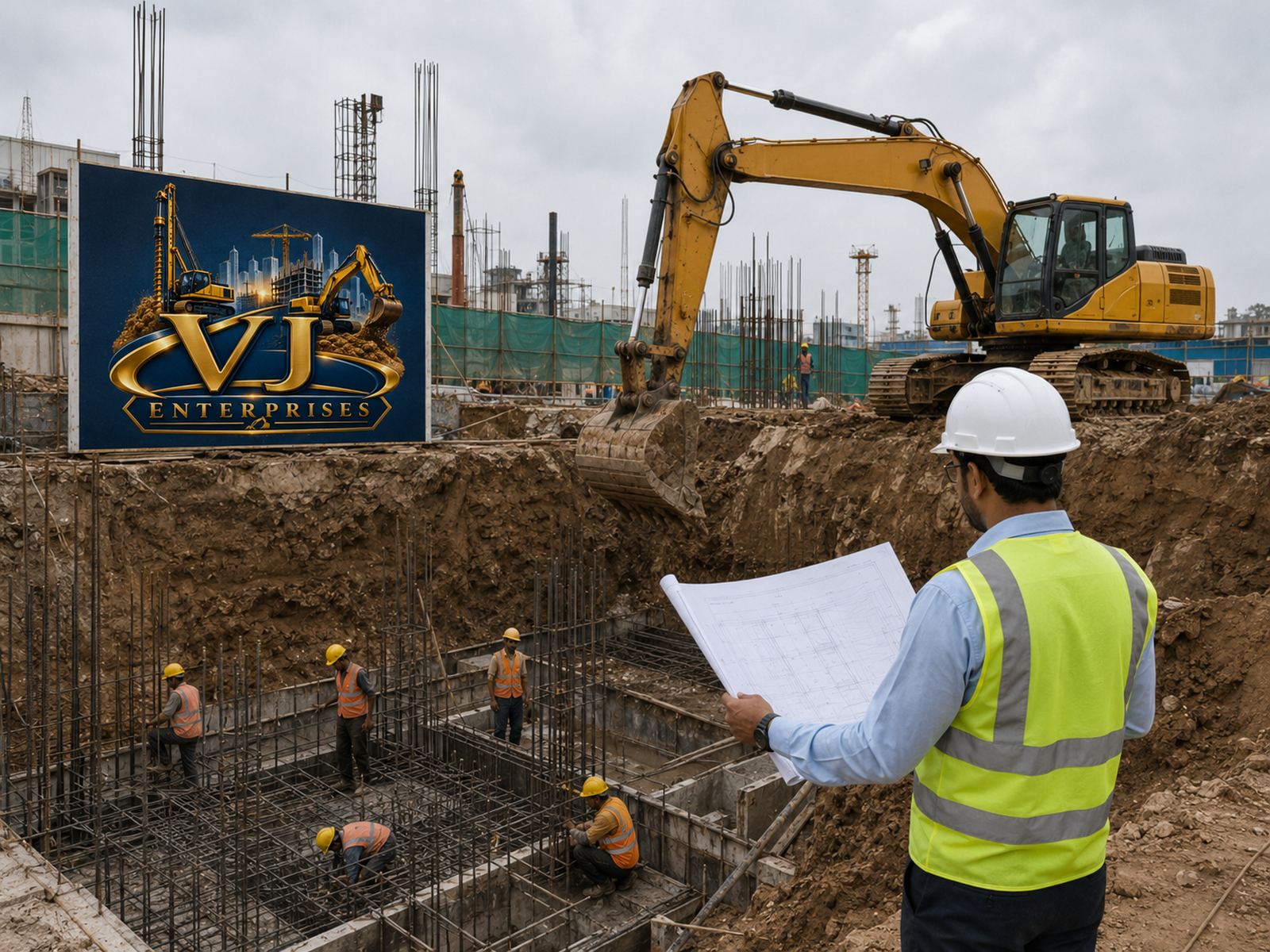VJ Enterprises site engineers reviewing plans in front of a multi-storey RCC structure under construction
