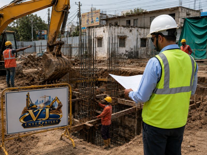 VJ Enterprises backhoe loader clearing a structure ahead of redevelopment
