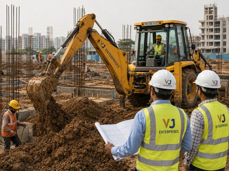 VJ Enterprises backhoe loader on standby with site engineers reviewing plans